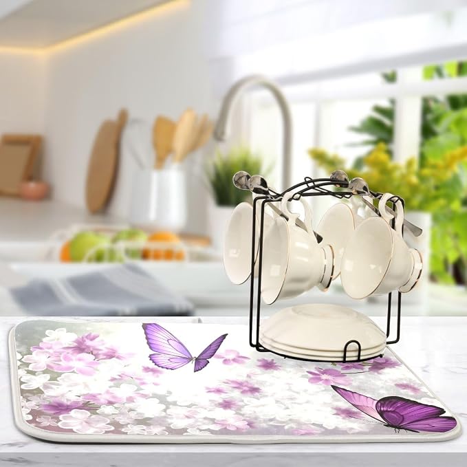 Butterflies Flowers Purple Dish Drying Mat for Kitchen, Absorbent Microfiber Drying Pad Dish Mat, 16" X 18"