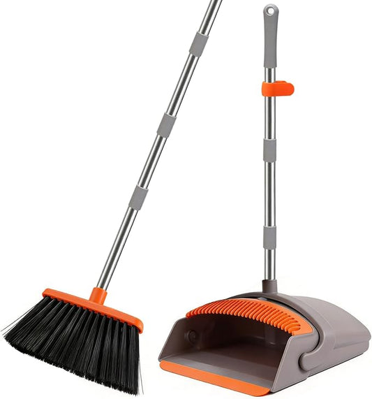 Broom with Standing Dustpan Combo Set, 52" Long Handle Self-Cleaning Teeth, 5-Row Stiff Bristles Angled Head, TPR Rubber Lip for Kitchen Pet Hair Sweeping Indoor Outdoor