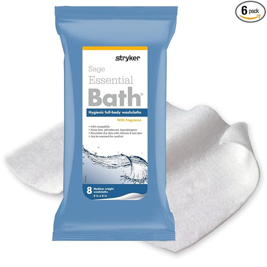 Stryker - Sage Essential Bath Cleansing Washcloths - 6 Packages, 48 Cloths - Fresh Scent, No-Rinse Bathing Wipes, Ultra-Soft and Medium Weight Cloth, Hypoallergenic