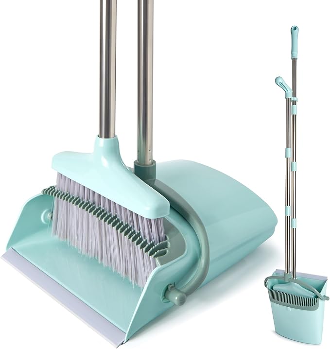 XXXFLOWER Broom and Dustpan Set with Cleaning Teeth, 54.5" Long Handle Indoor Sweeping Combo for Home Office Kitchen, Bluish Green
