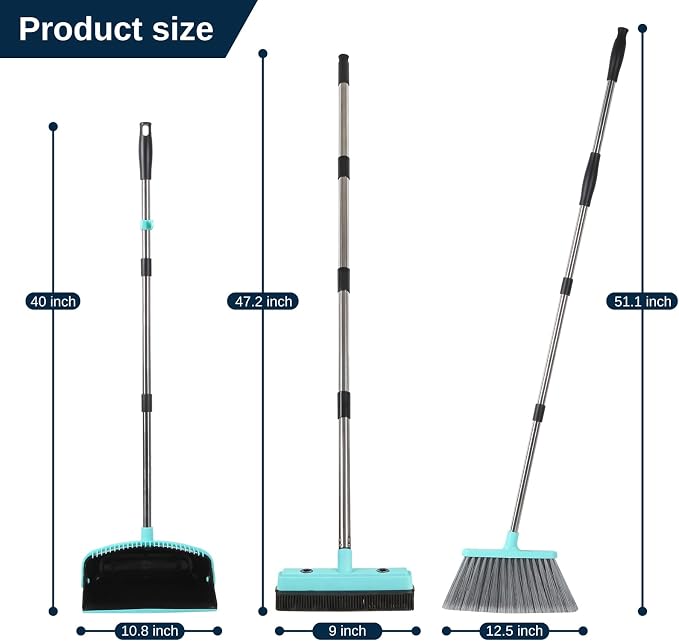 Broom with Dustpan Combo Set,Pet Hair Rubber Broom with Carpet Rake and Squeegee,Long Handle Broom with Upright Standing Dustpan for Indoor Cleaning (Black)