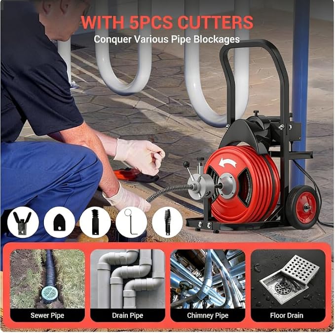 Garvee 100Ft 3/4 Inch Drain Cleaning Machine. Sewer Snake 750w Auto Feed with 6 Cutter, Portable Drain Cleaning Machine Electric Drain Auger Sewer Auger Air-Activated Foot Switch for 4" to 8" Pipes
