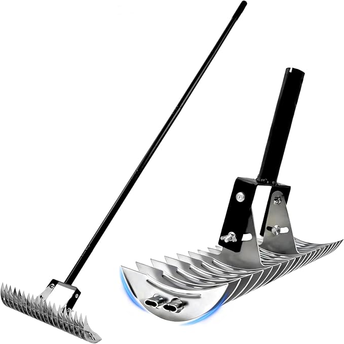 Dethatcher Rake 15-Inch Lawn Thatching Rake,19-Tine Heavy-Duty Steel Dethatching Rake with Adjustable Head&Long Handle,Durable Thatch Rake for Removing Dead Grass,Moss&Lawn Debris