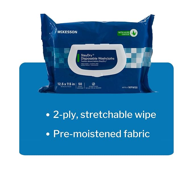 McKesson StayDry Pre-Moistened Disposable Wipe - Large Adult Body and Incontinence Washcloths with Aloe and Vitamin E, Alcohol-Free, 50 Wipes Per Pack