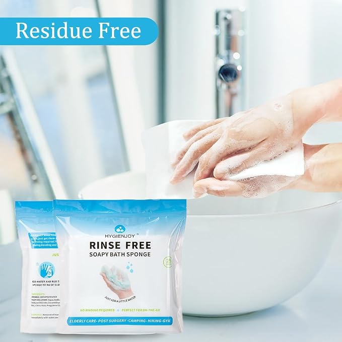 HYGIENJOY-21% Larger,No Rinse Bathing Wipes for Adults-Rinse Free Bath Sponges,Soap Infused,Dry Shower Wipes for Elderly,For Camping,Hiking,GYM,Post Surgery Must Haves, (25 Counts)