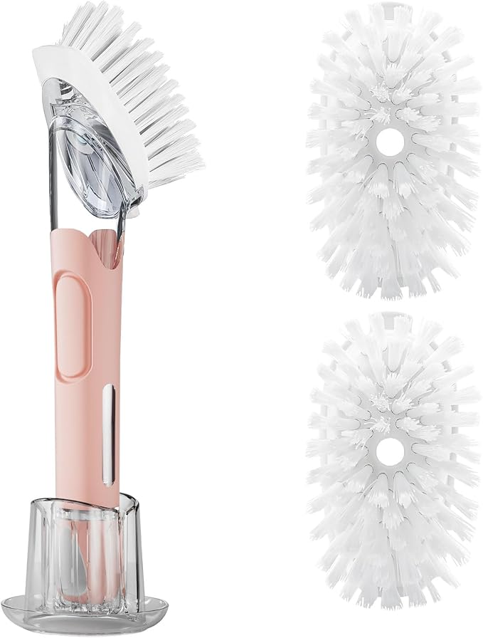 Soap Dispensing Replacement Dish Brush with 2 PCS Brush Refills & Holder | RIMAY Dispenser Scrub Cleaning Scrubber Kitchen Dishwashing Dish Wand Handle for Dishes/Pans/Pots/Sink(Pink)
