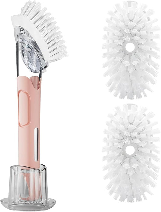 Soap Dispensing Replacement Dish Brush with 2 PCS Brush Refills & Holder | RIMAY Dispenser Scrub Cleaning Scrubber Kitchen Dishwashing Dish Wand Handle for Dishes/Pans/Pots/Sink(Pink)