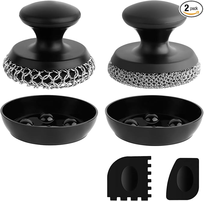 2PCS Cast Iron Scrubber Cleaner, Chainmail Scrubber for Cast Iron Pan Skillet, Dish Scouring Pad, 316 Stainless Steel Brush/Scraper for Metal Skillet Scrubbing, Wok, Dutch Oven Cleaning - Thick+Thin