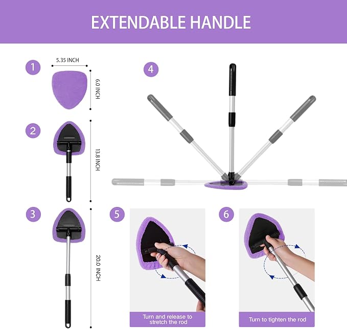 Qydipclin 10pcs Windshield Cleaner Tool, Car Window Cleaning Wash Kit with 4 Reusable Microfiber Pads 1 Spray Bottle and Extendable Handle Auto Glass Wiper Kit, Purple