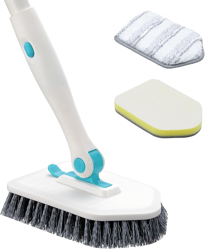 nacena Shower Scrubber with Long Handle, 4 in 1 Tile Tub Scrubber Brush with 3 Detachable Cleaning Shower Heads and Floor Squeegee Shower Cleaner Brush for Bathroom Kitchen Tub Sink Floor, Blue White