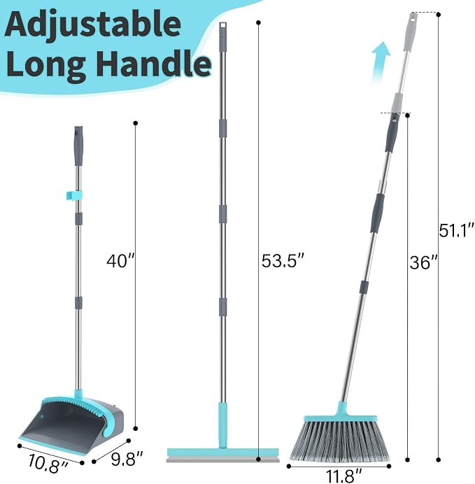 Broom with Dustpan Combo Set, Silicone Broom,Long Handle Broom with Upright Standing Dustpan, Squeegee - Broom for Indoor Cleaning 2+1,for Indoor Outdoor,Smooth Floors, Rugs