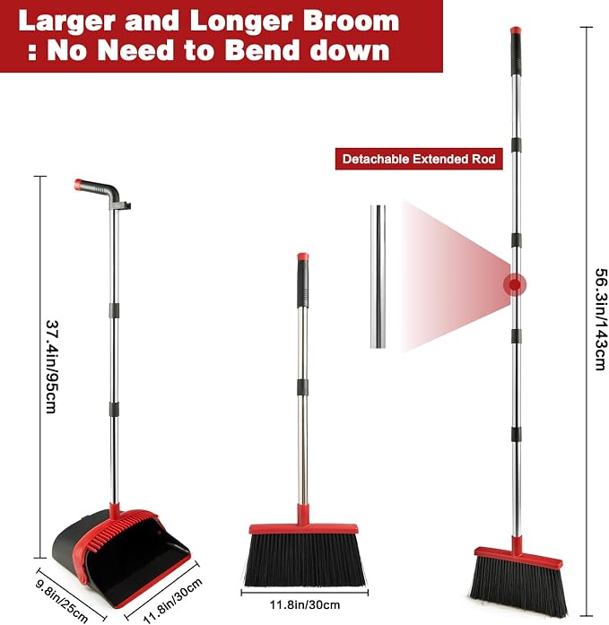 Broom and Dustpan Combo Set,Long Handle,Black Red | Dustpan with Cleaning Teeth Combo,Indoor Sweep Broom for Office Home Kitchen Lobby Floor