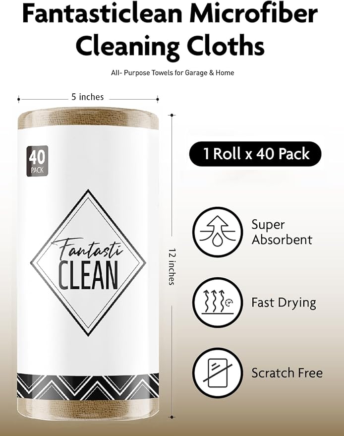 Fantasticlean Microfiber Cleaning Cloth Roll- 40 Sheets, 12" x 12" (Tan) | Super Absorbent, Lint-free, Tear-away Microfiber Towel Roll, for All-Purpose Cleaning