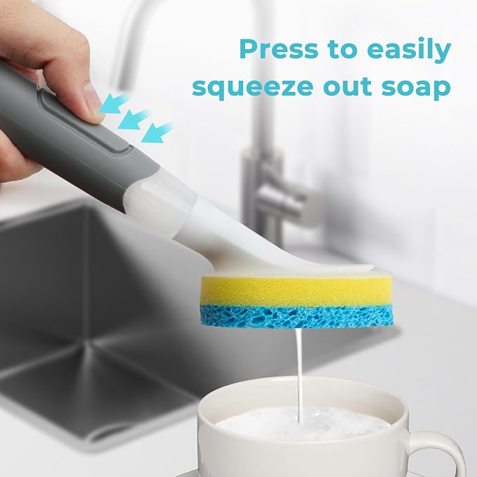 REEWII Dish Brush with soap Dispenser，4 PCS Replacement Brush Refills dishwashing Brush Set for Kitchen Utensils, Pans, Sinks, cookware