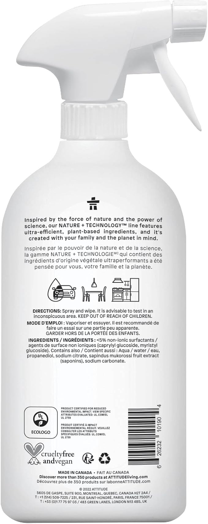 ATTITUDE All Purpose Cleaner Spray, EWG Verified, Vegan, Made with 94% Plant-Based Ingredients, Streak-Free for Kitchen, Bathroom, Glass & More, Unscented, 27.1 Fl Oz