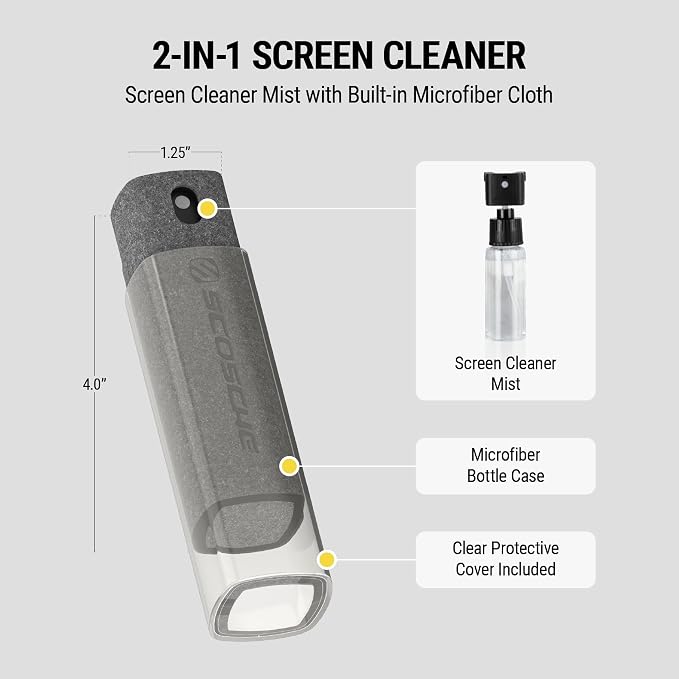 Scosche SCOCLNR 2-in-1 Streak-Free Screen Cleaning Kit, Refillable Electronic Screen Cleaner Spray and Wipe for TV, Computer, Phone, iPhone, iPad, Laptop, MacBook, Car Touchscreen, 10 Pack