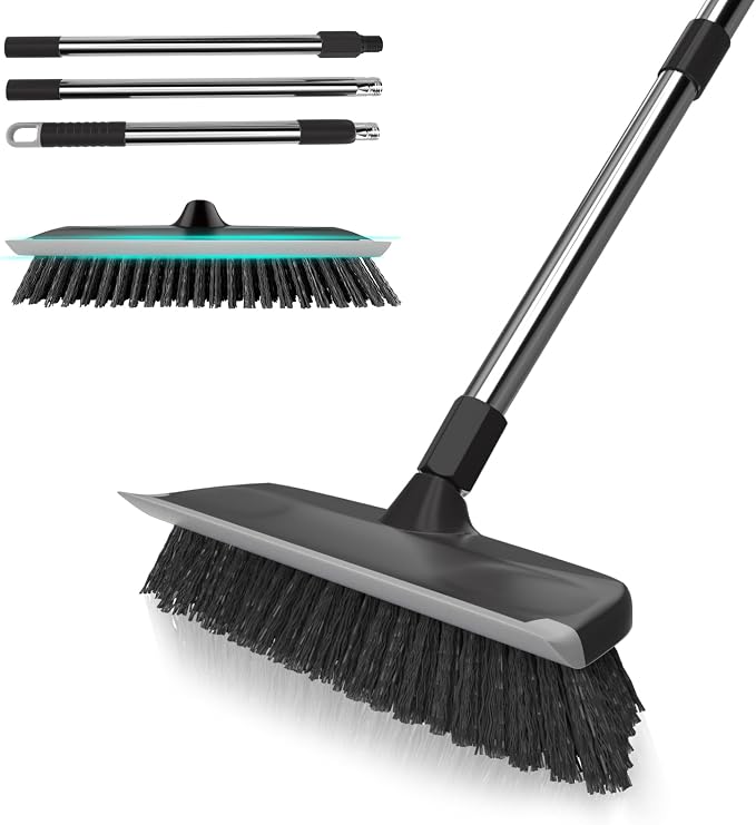 Heavy Duty Floor Scrub Brush with Long Handle, Adjustable Stainless Steel Handle, Stiff Bristles & Rubber Squeegee Scraper, Concrete Floor Scrubber for Cleaning Floor Concrete Deck Hardwood Patio Tile