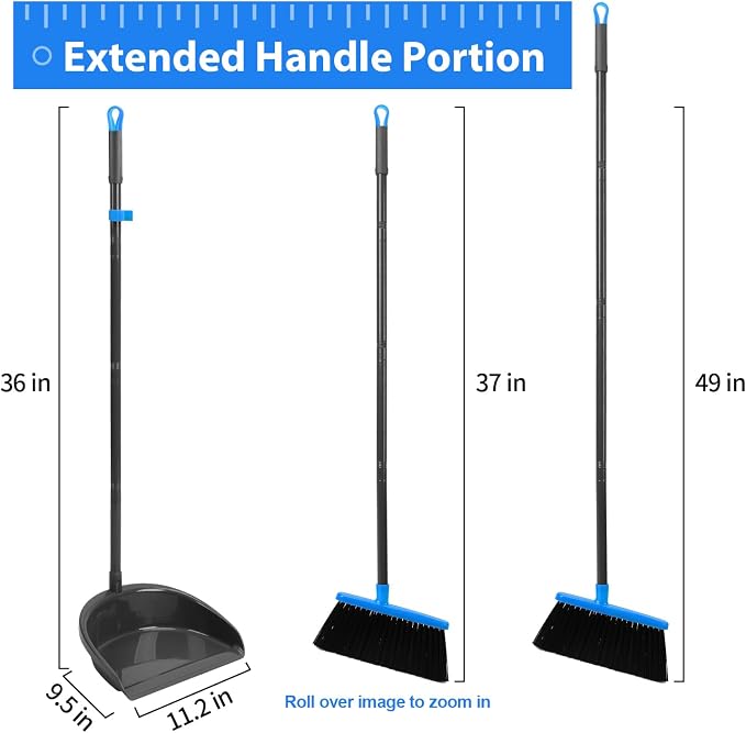 REEWII Broom and Dustpan Set ，Long Handle Broom with Upright Standing Dust pan for Indoor Outdoor Home Kitchen Office Floor Cleaning