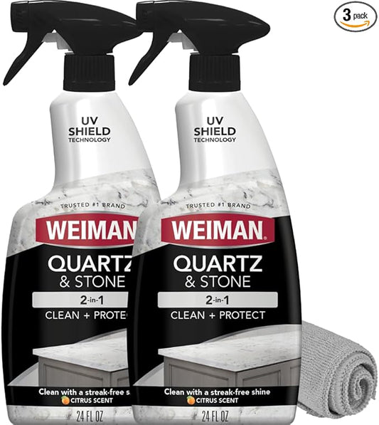 Weiman Quartz Countertop Cleaner and Polish - Clean and Shine Your Countertops Islands and Stone Surfaces with UV Protection, 24 Ounce with MicroFiber Towel, 2 Pack