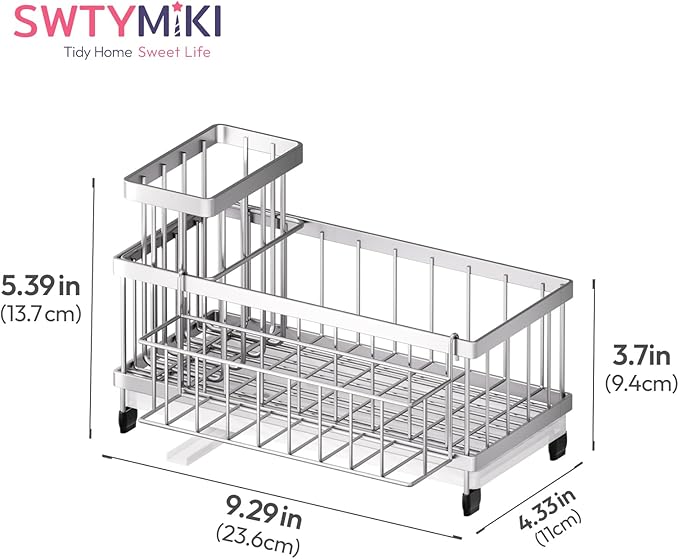 SWTYMIKI Sink Caddy Sponge Holder - Large Sponge Holder for Kitchen Sink with 360°Auto-Drain Tray, Rustproof Stainless Steel Kitchen Organizer Caddy for Countertop Organization