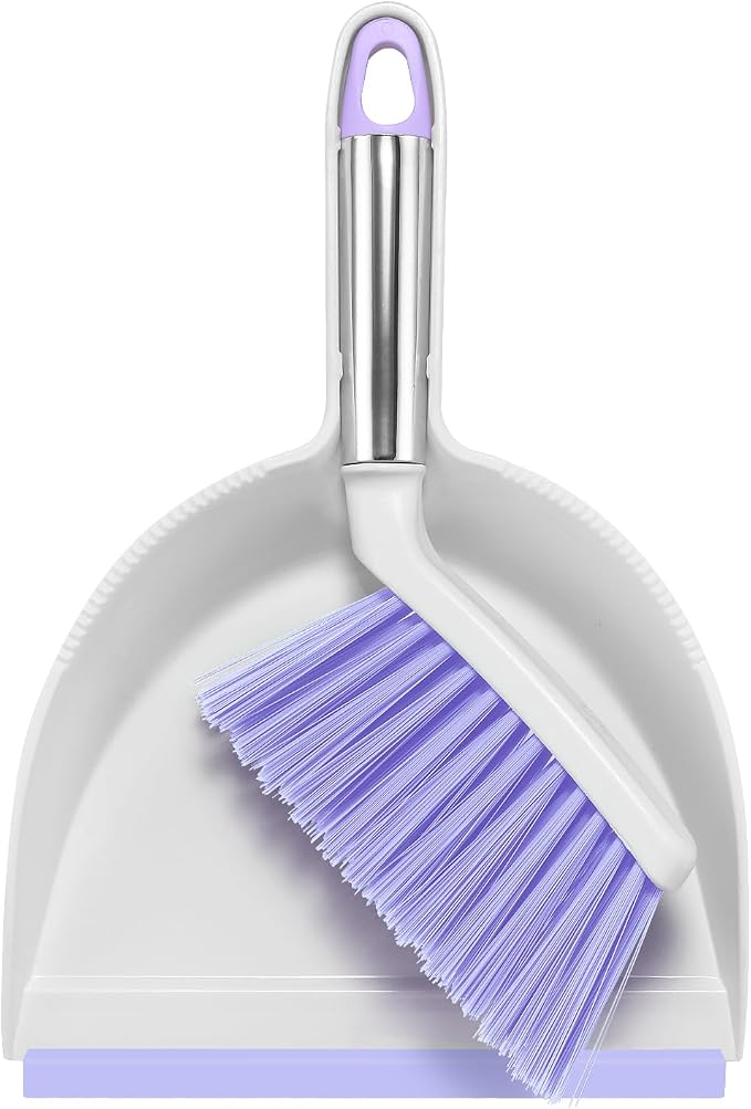NACENA Mini Broom and Dustpan Set,Small Dust Pan and Brush Set,Light&Purple | Dust Pan and Brush Set with Handle Dustpan Teeth for Cleaning Hair Suitable for Office Desks Drawers Sofas Outdoor Camping