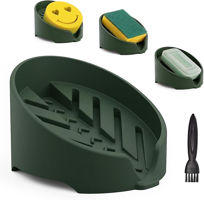 NiHome Silicone Sponge Holder for Kitchen Sink, Fits Scrub Daddy Mommy | Self-Draining Dispenser Organizer Tray, Sink Caddy Countertop Fits Soaps, Scrubber, Dishwasher Safe,Includes Brush,Dark Green