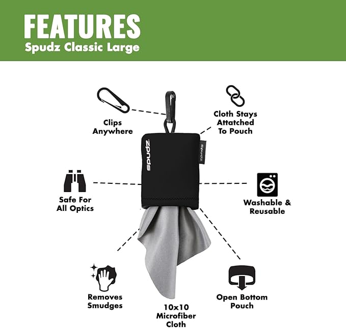 SPUDZ Classic Microfiber Lens Cleaner – Clip-On Pouch, Washable – for Binoculars, Scopes, Glasses, Screens | Classic | Red, 10 x 10 Inch