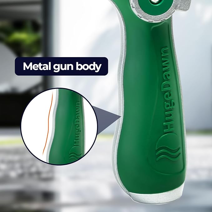 HugeDawn Garden Hose Nozzle, Heavy Duty High Pressure Metal Hose Spray Nozzle with 30% Greater Water High Flow, 3 Spray Patterns, Non-Slip Thumb Control for Quick Watering & Cleaning (Green)