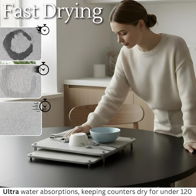 2 PCs Nesting Stone Drying Mat for Kitchen Counter - Fast, Heat Resistant Stone Dish Drying Mat with Non-Slip Feet