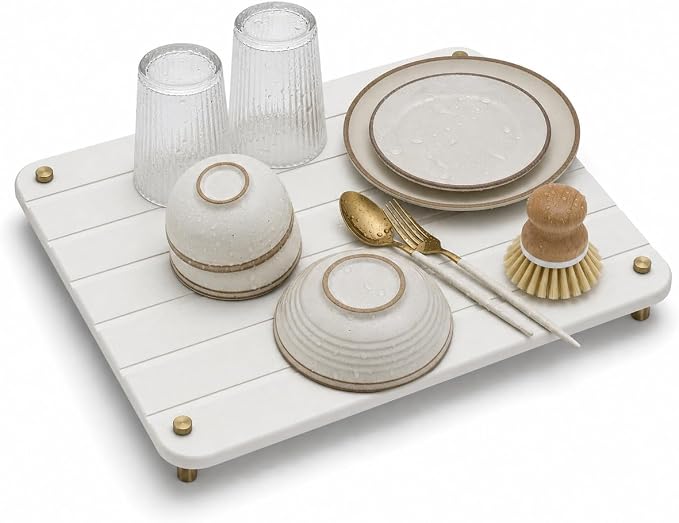 Razborci Stone Dish Drying Mat for Kitchen Counter, Water Absorbing Bathroom Tray Sink Organizer, Diatomaceous Earth Countertop Dish Rack Riser Sponge Holder Soap Dish, Gold White, 16" x 12"