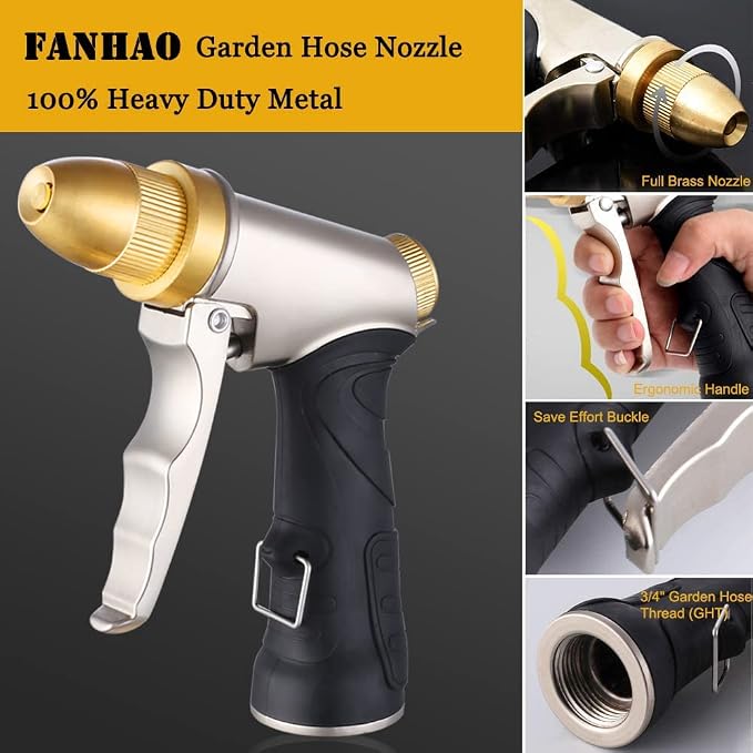 FANHAO Metal Water Hose Nozzle Heavy Duty, High Pressure, Leak Proof | Rustproof Zinc Alloy Full Brass Nozzle, Ergonomic Non-Slip Grip, Lockable Trigger, 4 Spray Patterns for Plant, Car & Pet