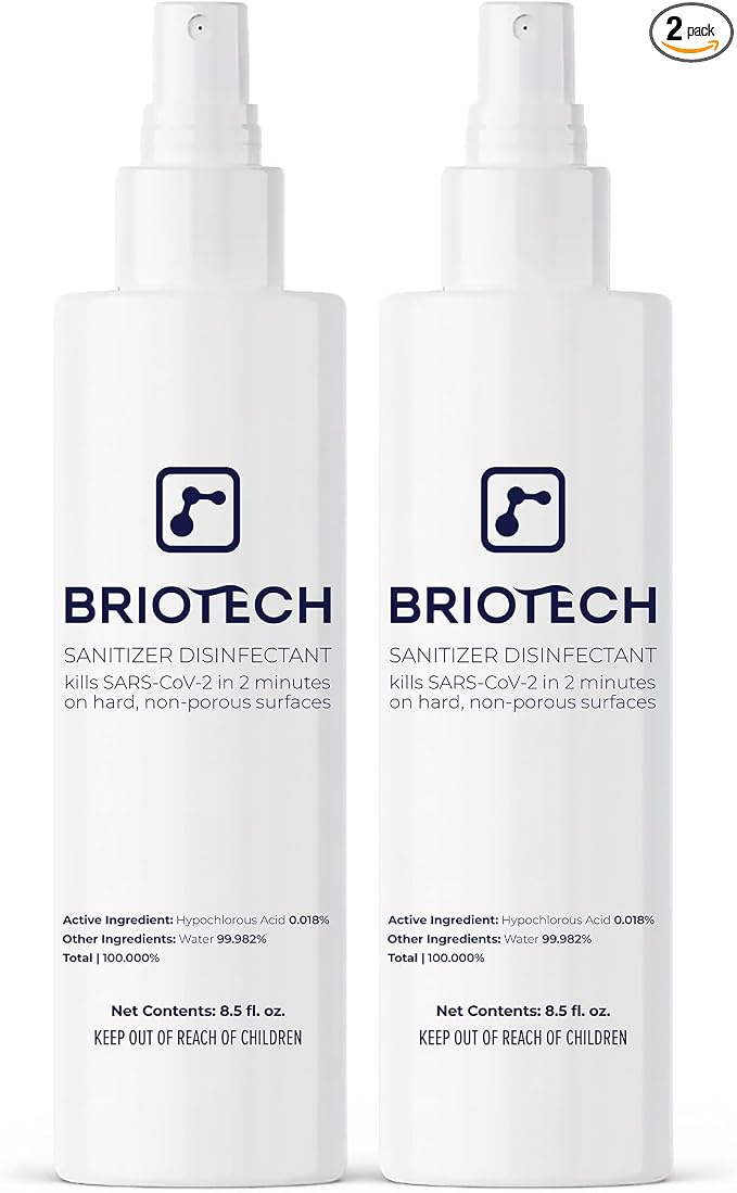 BRIOTECH Sanitizer Disinfectant Hypochlorous Spray, Kill 99.99% of Viruses & Bacteria, Control Mold, Eliminate Odor, Gentle for Nursery & Play Rooms, Food Contact Surface Sanitizer, 8.5 fl oz (2 Pack)