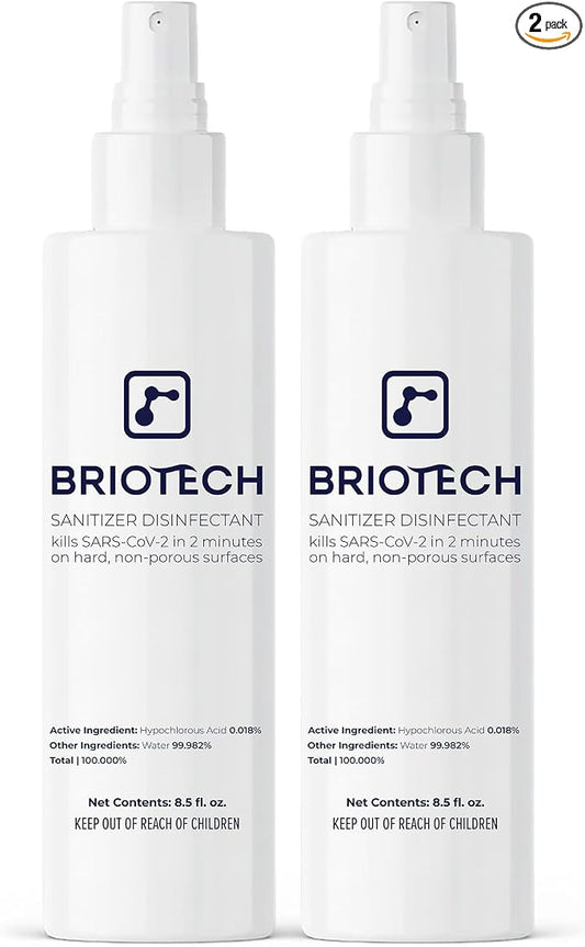 BRIOTECH Sanitizer Disinfectant Hypochlorous Spray, Kill 99.99% of Viruses & Bacteria, Control Mold, Eliminate Odor, Gentle for Nursery & Play Rooms, Food Contact Surface Sanitizer, 8.5 fl oz (2 Pack)