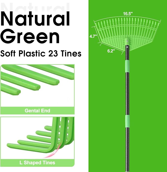 Leaf Rake for Lawn,16.5” Plastic Rake for Yard,Unbreakable Nylon Head,45” Long Handle,Garden Rakes for Grass Turf Debris Mulch Thatch Pine Needles Leaves,Lightweight for Kids Seniors,No Harm to Lawn