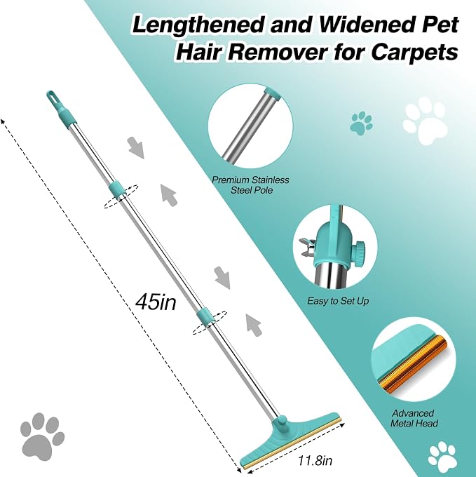 Carpet Rake for Pet Hair Removal - Reusable Pet Hair Remover, 45” Adjustable Long Handle Cat Dog Carpet Rake Scraper with Patented Design, Dog Hair Rake Brush for Rugs, Mats