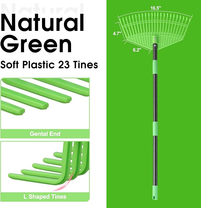 Garden Leaf Rake,16.5” Plastic Leaf Rake for Lawn,Unbreakable Nylon Head, No Harm to Lawn Grass,Yard Raking Tools for Turf Leaves Thatch Debris Pine Needle Cleanup, Lightweight for Kids Seniors