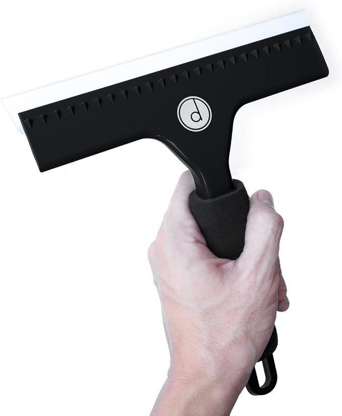 Squeegee for Shower Door, Car Windshield, and Glass Window - 2 Extra Silicone Replacement Blades - Foam Handle - Black | 2 extra silicone replacement blades, foam grip handle – streak-free clean for shower, car & windows