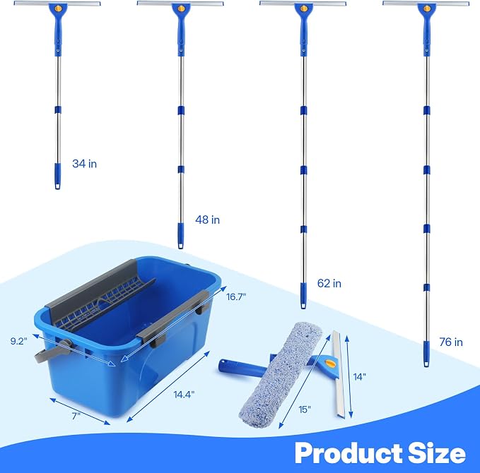 Professional Window Cleaning Kit with Bucket 3 Gallon, 76" Long Handle Window Squeegee and Microfiber Scrubber, High Windows Washing Equipment, Window Cleaner Tool for Commercial, Home, Outdoor, Car
