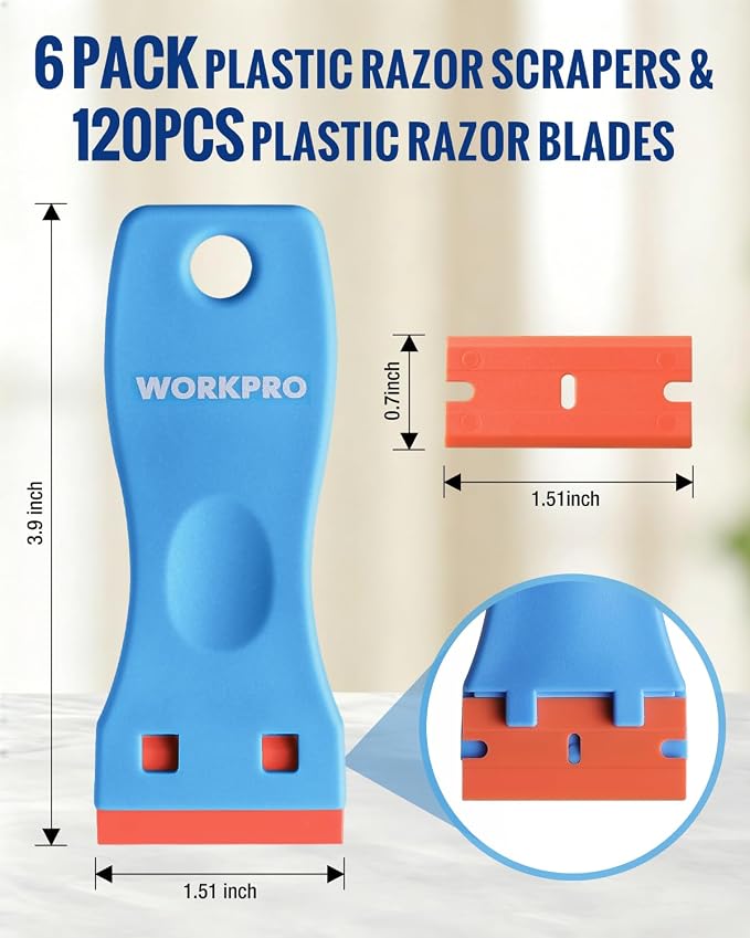 WORKPRO Plastic Razor Blade Scraper Kit, 6 Scrapers with 120 Blades | Safer Plastic Blade Design, Helps Reduce Scratches, Removes Stickers, Labels, Glue & Residue from Glass, Windows & More