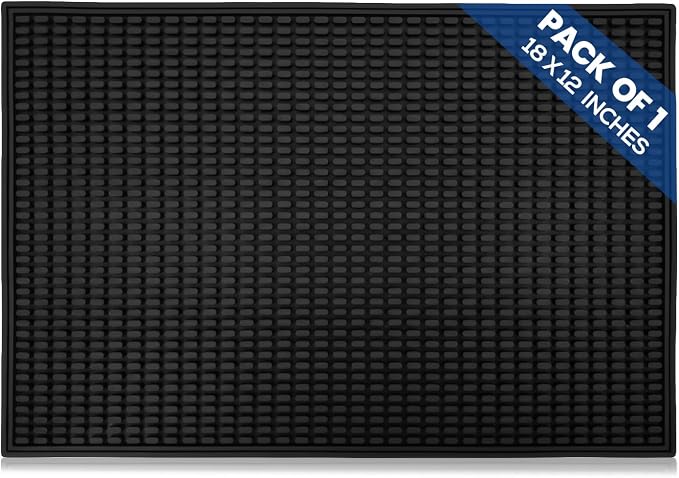 Standard Rubber Bar Mat for Countertop, 18 x 12 Inch Non Slip Bar Service & Dish Drying Mat, Heavy Duty Spill Protection Mat for Bartending, Coffee Bar, Kitchen & Home (Black, 1 Pack)