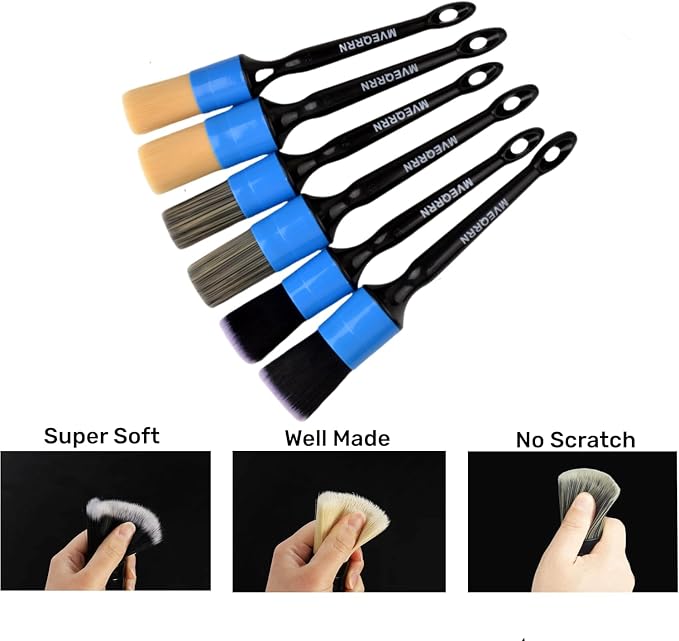 MVEQRRN 6pcs Car Detailing Brush Set,Boars Hair Detail Brushes(Blue) | Ultra Soft Car Detailing Brushes for Air Vents,Leather Seats,No Scratch Auto Detail Brushes for Interior Exterior