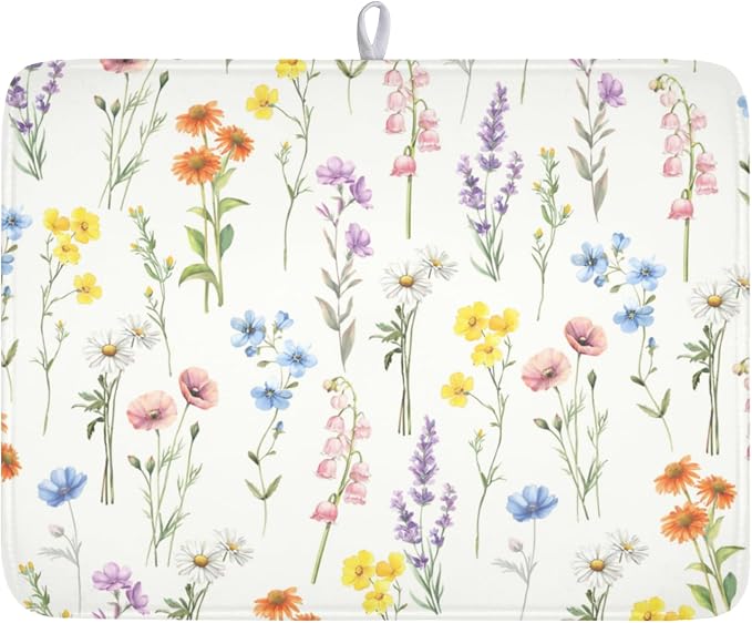 Spring Summer Colorful Floral Dish Drying Mat 18x24 Inch | Wildflower，Polyester，Absorbent Microfiber，for Kitchen Coffee Dining Bar Decor