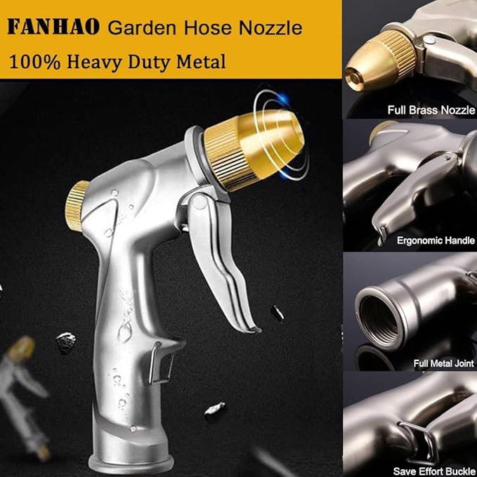 FANHAO Upgraded 100% Metal Garden Hose Nozzle Heavy Duty, High Pressure | Rustproof Water Nozzle Leak Proof, Hands-Free Lock, 4 Adjustable Patterns Sprayer for Watering Plant, Washing Car, Patio, Pet