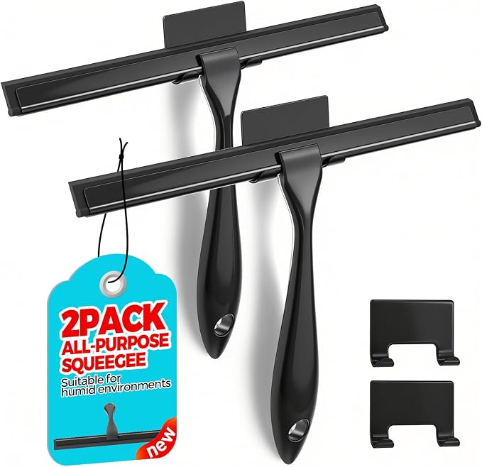 ALFLOD 2pcs Shower Squeegee for Glass Doors with Adhesive Hanging Hook Set | 12” black, bathroom accessories, window cleaner, new home essentials, soft rubber blade, metal handle, ergonomic grip