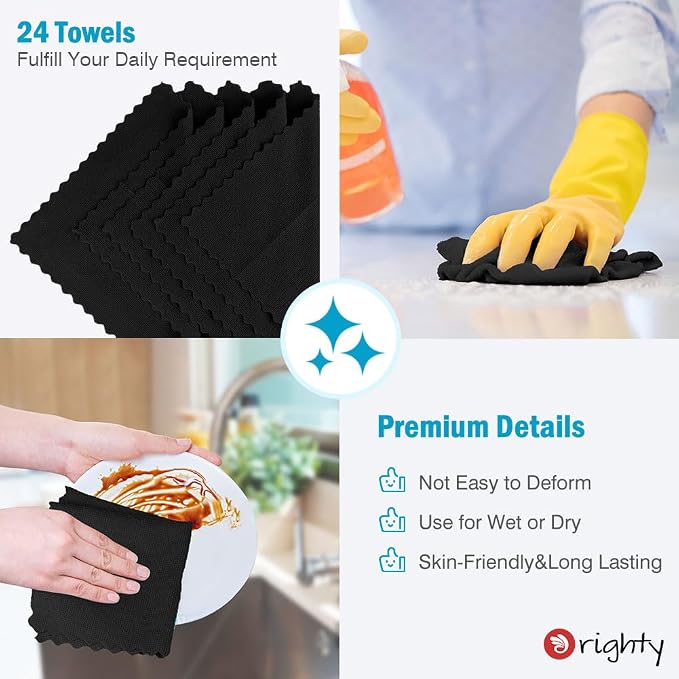 Orighty Microfiber Cleaning Cloth - 24 Pack, Black Cleaning Rags 12x11 inch | Microfiber Towels for Cars, Highly Absorbent Household Cleaning Supplies, Reusable Lint Free Cloths for House, Kitchen