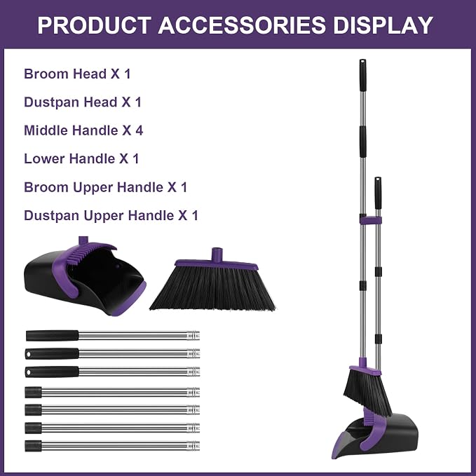 Broom and Dustpan Set with Long Handle, 55" Broom, Pet Hair Rubber Lip Upright Dustpan with Built-in Comb, Standing Dust Pan Set for Home Kitchen Office Indoor Outdoor