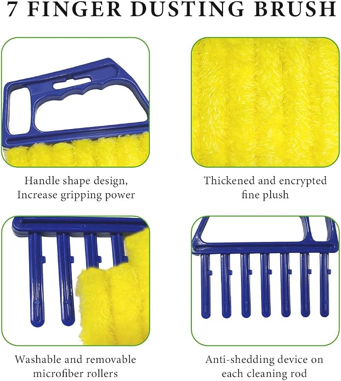 DXNQ 2 PCS Blind Cleaner Duster Tool, Window Venetian Hand-held 7 Finger Dusting Cleaner Brush, Blinds Cleaning Brush Tool for Window Shutters Air Conditioner, Car Accessories (Blue+Yellow)