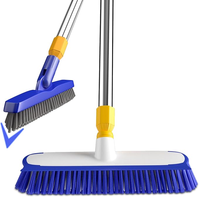 12" Wide Floor Scrub and Grout Brush Set With Long Extendable Handle - Stiff Bristle Heavy Duty Cleaner for Tile, Deck, Garage, Kitchen, Bathroom