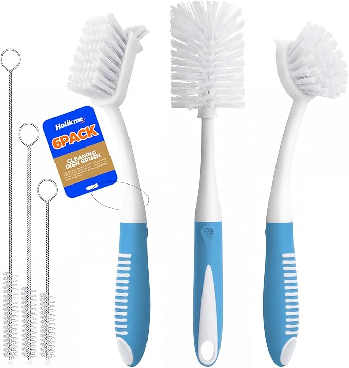 Holikme 6 Pack Dish Brush Set with Bottle Brush, Dish Scrub Brush, Pan Brush and 3 Straw Brushes, Deep Cleaning Handle Brush with Scraper Tip for Kitchen Sink Dishes Bottle Cup Pot and Pans (Azul)