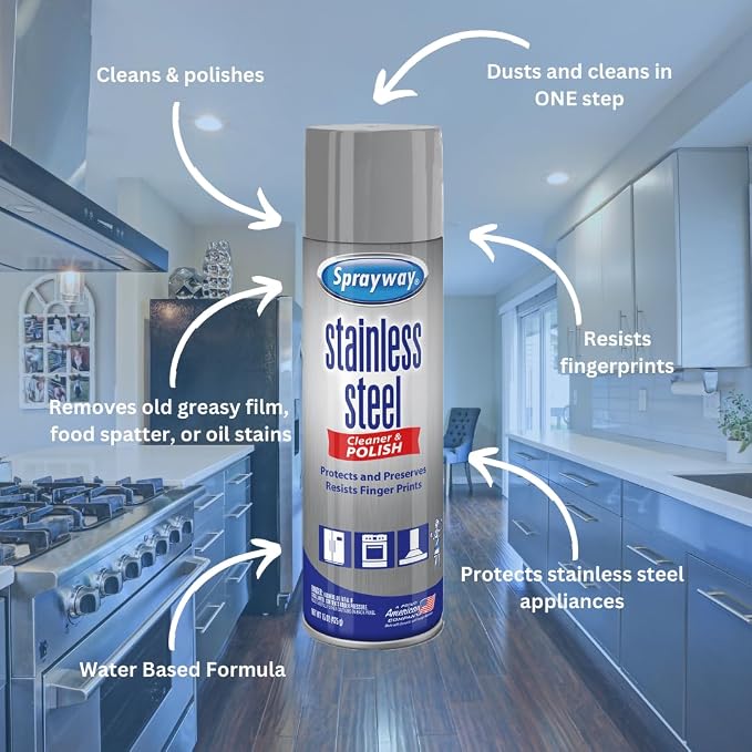 Sprayway Stainless Steel Cleaner Aerosol Spray (Water-Based), 15oz, Pack of 6 | Cleans, Polishes, Protects | Resists Fingerprints | Ideal for All Stainless Steel Appliances & Surfaces